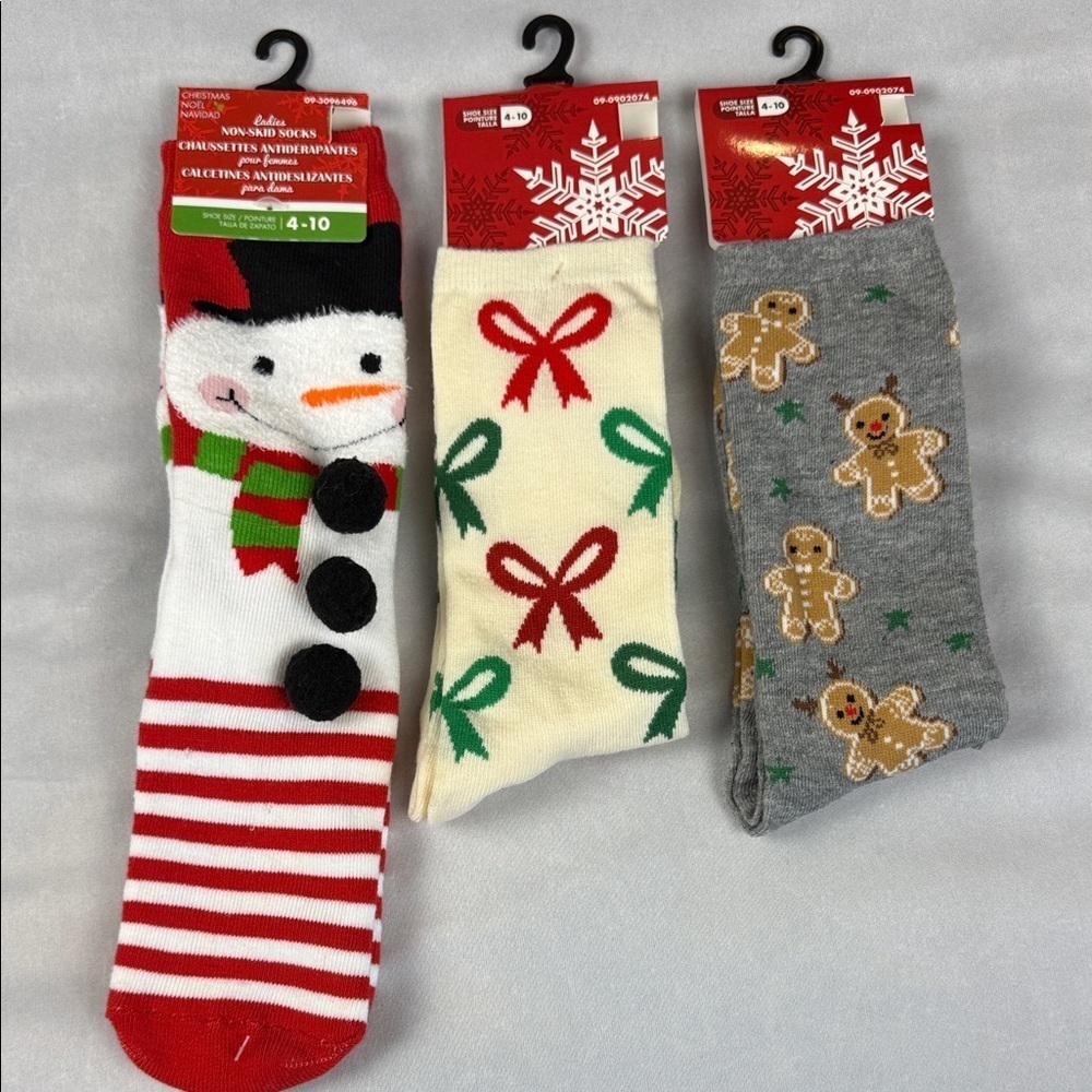 Festive Holiday 3 Pairs Socks Christmas Snowman Ribbon, Gingerbread Man Women’s